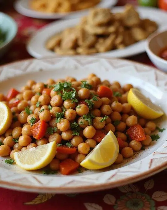 Salade marocaine aux pois chiches finie, parfumée et prête pour le service lors d'un repas.