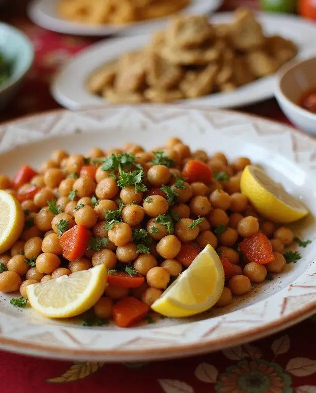 Salade marocaine aux pois chiches finie, parfumée et prête pour le service lors d'un repas.