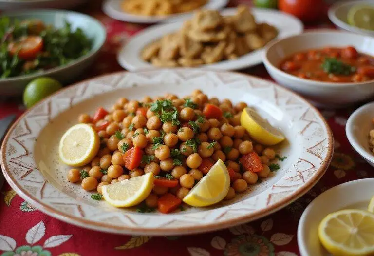Salade marocaine aux pois chiches finie, parfumée et prête pour le service lors d'un repas.