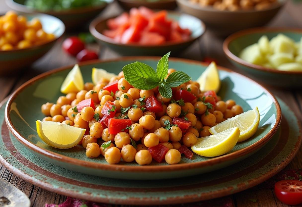 Salade marocaine aux pois chiches finie, parfumée et prête pour le service lors d'un repas.
