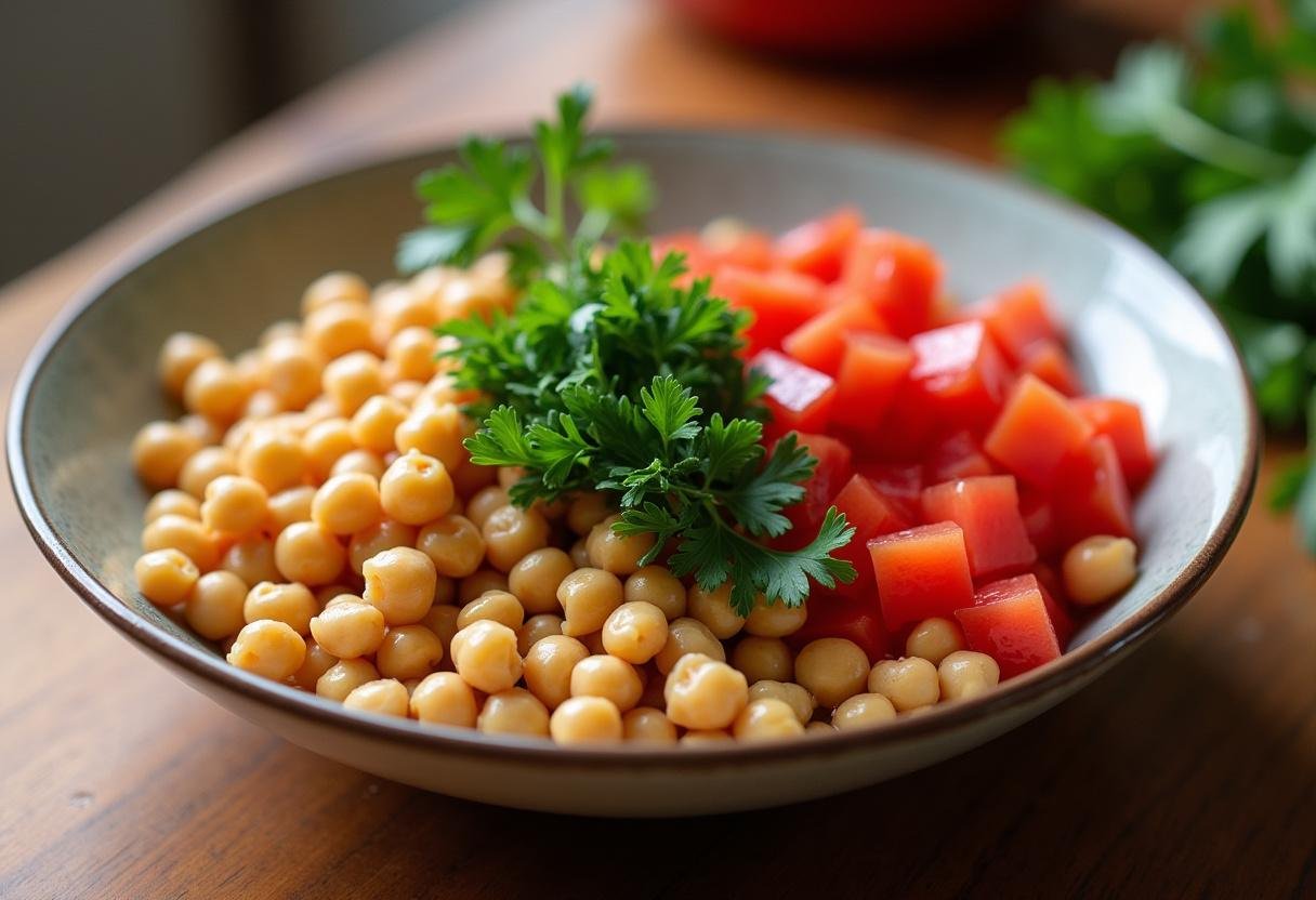 Ingrédients frais pour la salade marocaine aux pois chiches : pois chiches, persil et tomates.