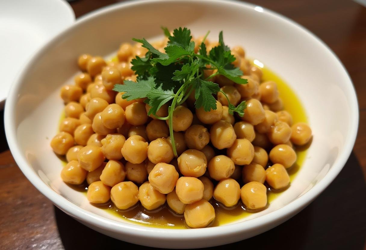 Salade marocaine aux pois chiches prête à servir, bien mélangée et décorée.