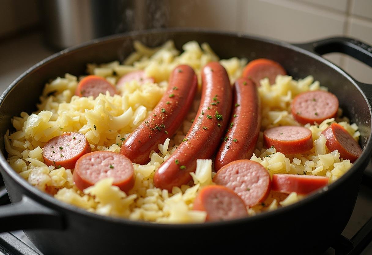 Préparation de la salade de choucroute à l'ancienne avec du choucroute, des oignons et des saucisses.