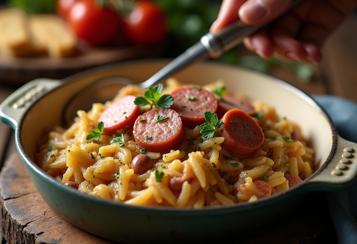 Plat de salade de choucroute à l'ancienne prêt à servir, décoré d'herbes fraîches et de tranches de saucisse.