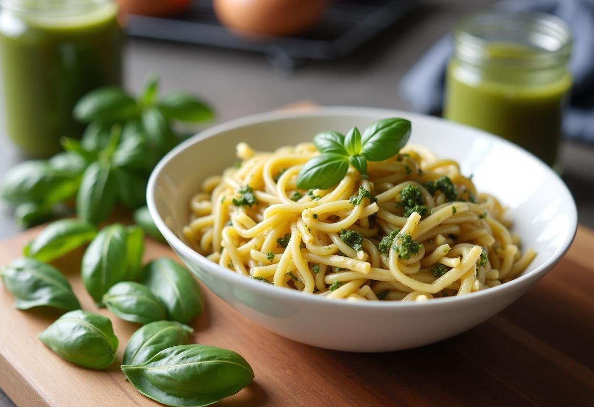 Bowl of cooked pasta with pesto and fresh basil for Salade de Pâtes au Pesto Verte.