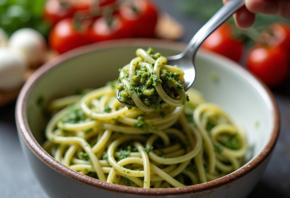 Mixing pesto with pasta for a fresh Salade de Pâtes au Pesto Verte.