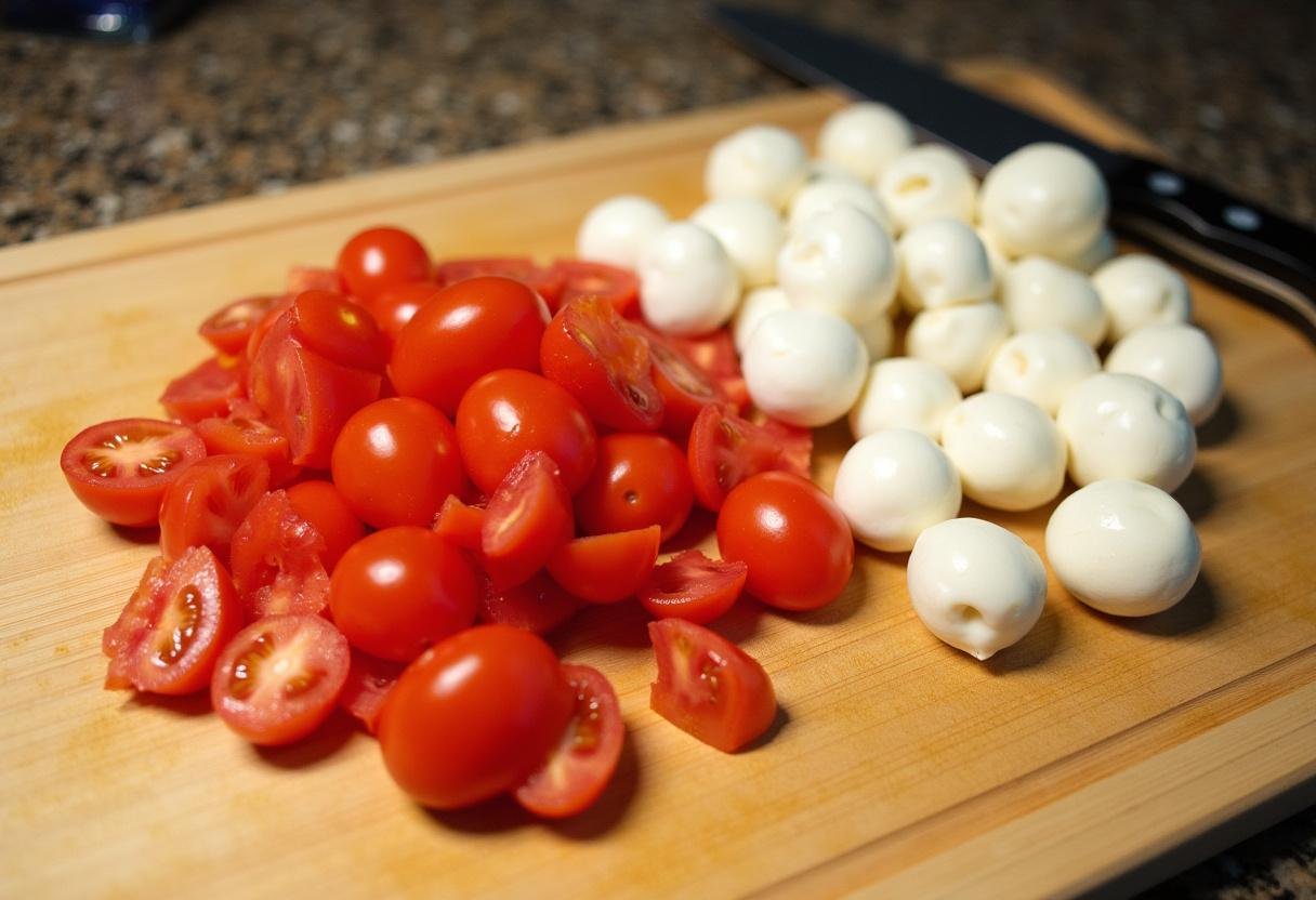 Preparation of ingredients for Salade de Pâtes au Pesto Verte with fresh tomatoes and mozzarella.