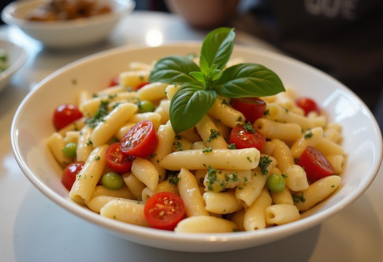 Salade de Pâtes au Pesto Verte being served in a bowl with basil garnish.