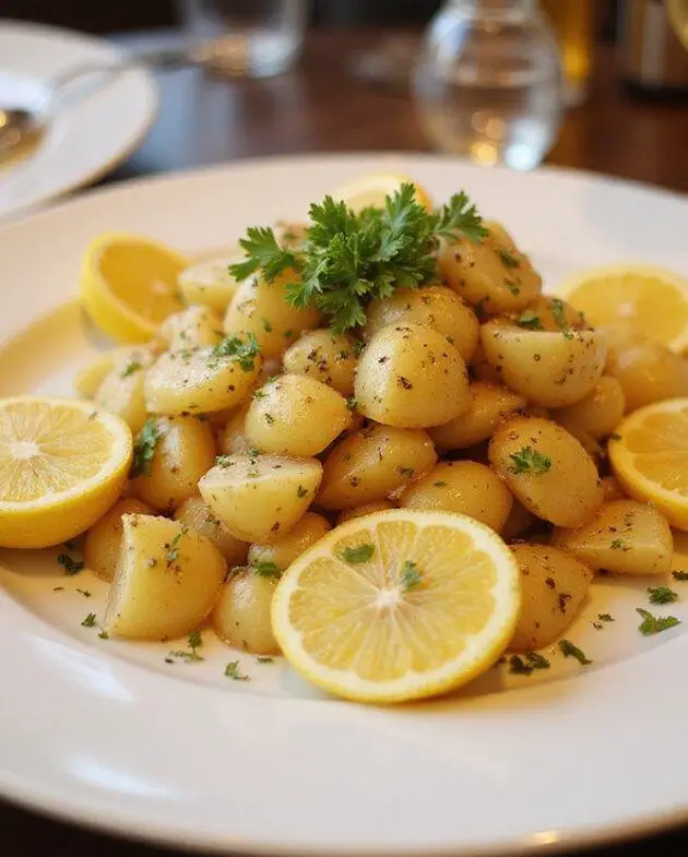 Finished Salade de Pommes de Terre Écrasées au Poivre et Citron, ready for a delightful meal.