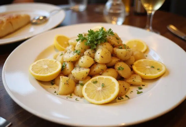 Finished Salade de Pommes de Terre Écrasées au Poivre et Citron, ready for a delightful meal.