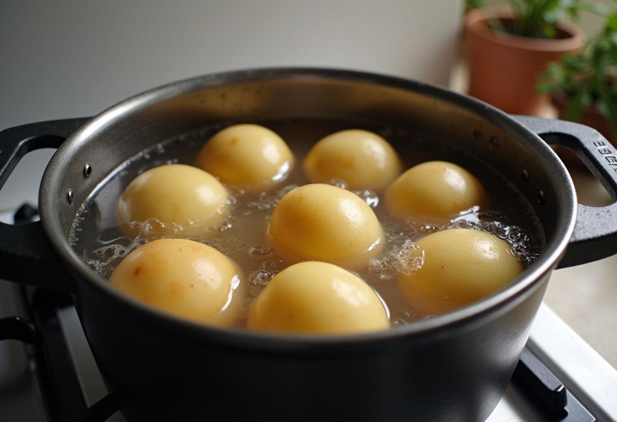 Potatoes boiling in water for Salade de Pommes de Terre Écrasées au Poivre et Citron preparation.