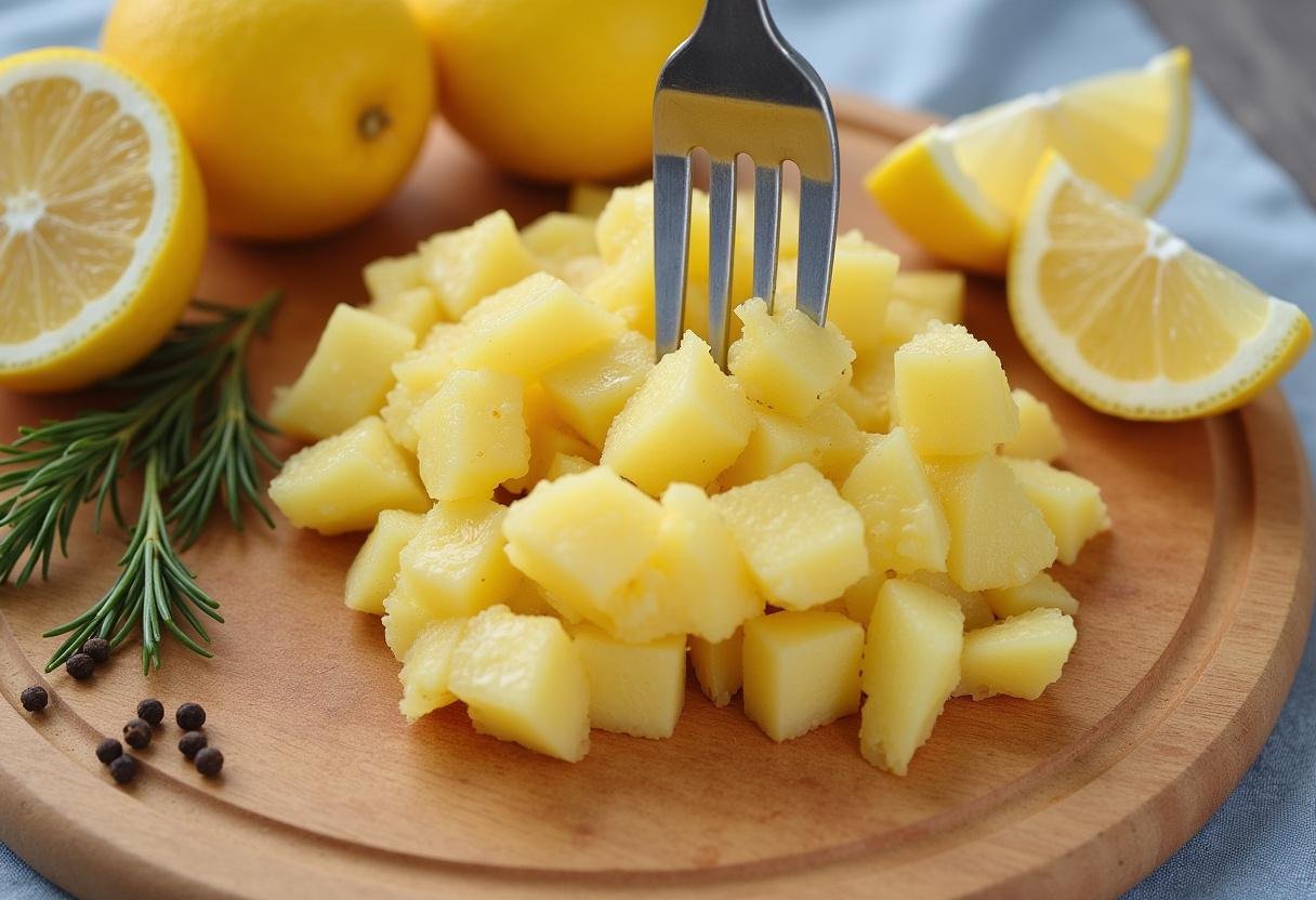 Mashing cooked potatoes with lemon and pepper for Salade de Pommes de Terre Écrasées au Poivre et Citron.