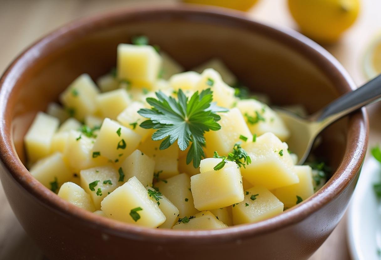 Mixing mashed potatoes with onions and herbs for Salade de Pommes de Terre Écrasées au Poivre et Citron.