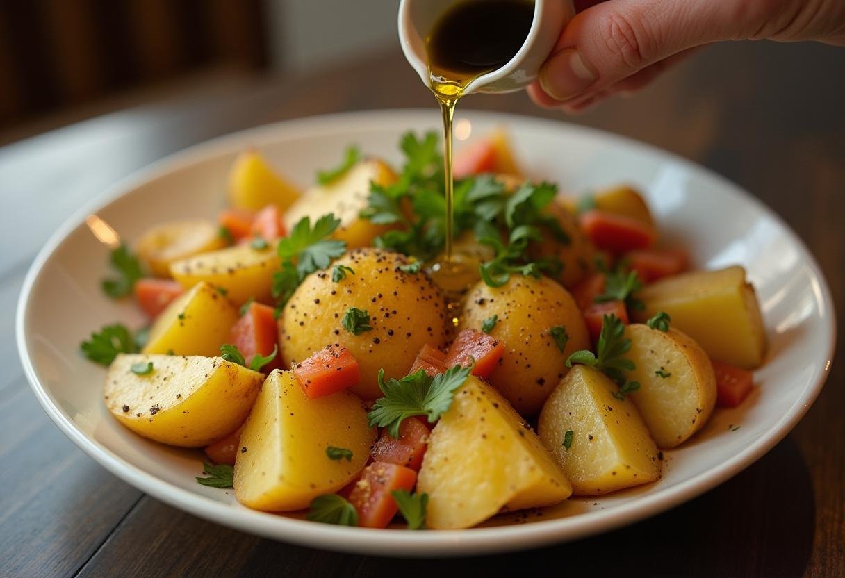 Dressing the potato salad with olive oil and black pepper before serving Salade de Pommes de Terre Écrasées au Poivre et Citron.