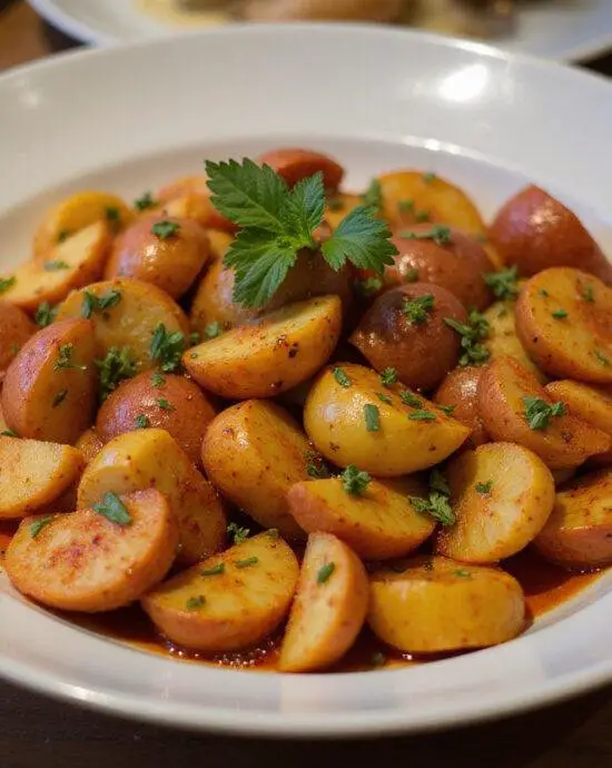 Delicious Salade de Pommes de Terre au Sumac served fresh, ideal for a summer meal.