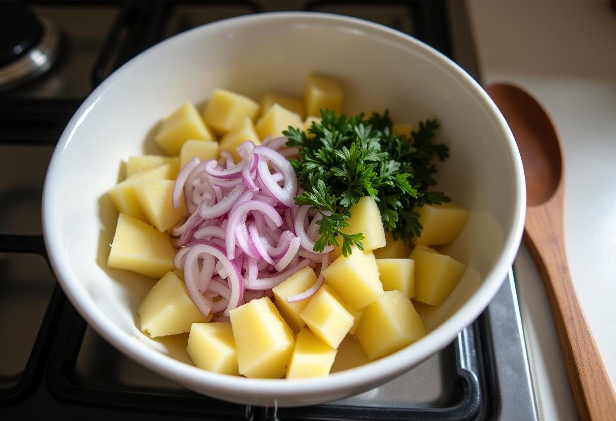 Diced boiled potatoes and fresh herbs in a bowl for Salade de Pommes de Terre au Sumac.