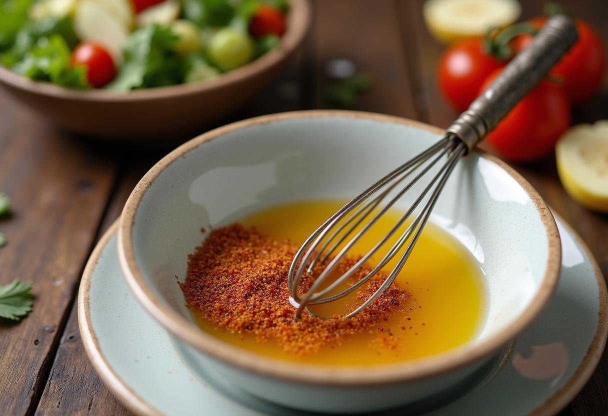 Preparing sumac dressing for Salade de Pommes de Terre au Sumac.