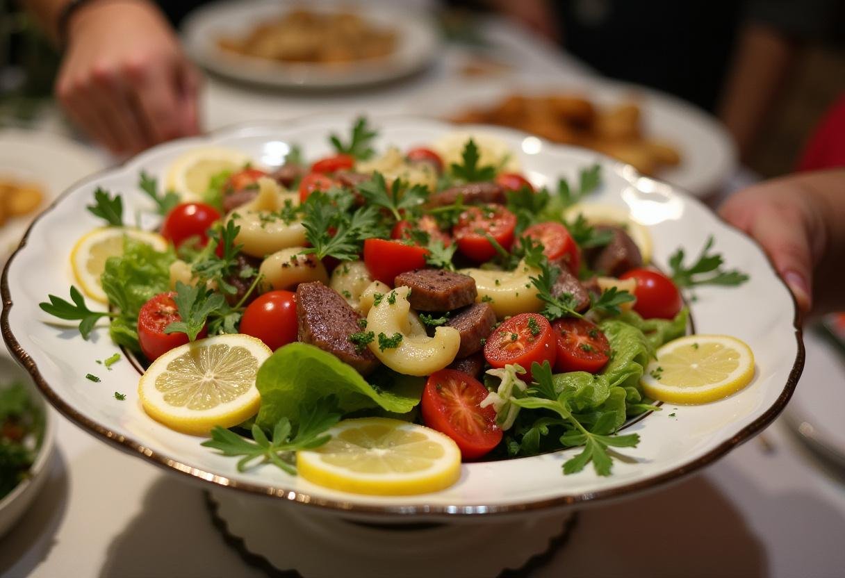 Plating Salade de Pommes de Terre au Sumac with lemon and herbs for serving.