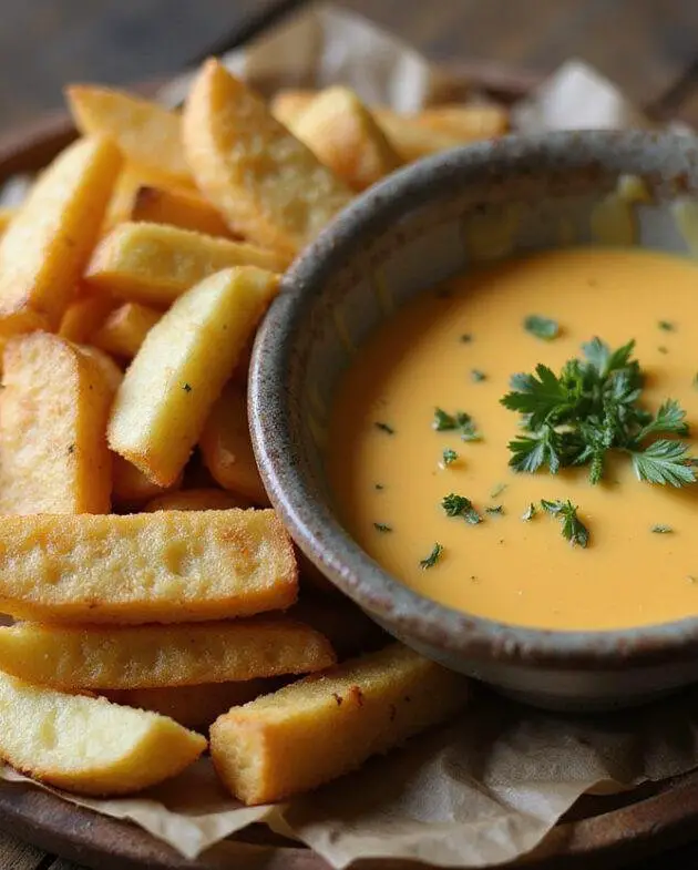 Crispy Frites served with Sauce Crémeuse au Fromage, perfect for a delectable snack.