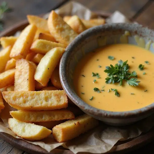 Crispy Frites served with Sauce Crémeuse au Fromage, perfect for a delectable snack.