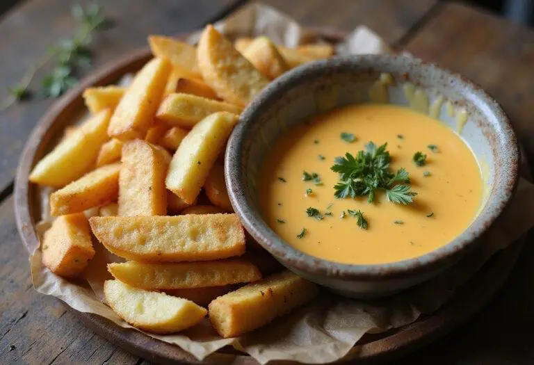 Crispy Frites served with Sauce Crémeuse au Fromage, perfect for a delectable snack.