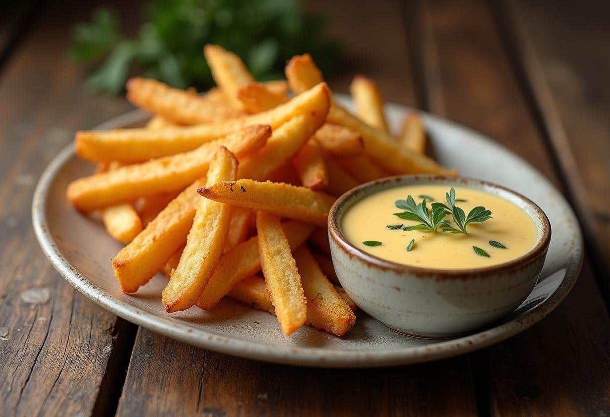 Crispy Frites served with Sauce Crémeuse au Fromage, perfect for a delectable snack.