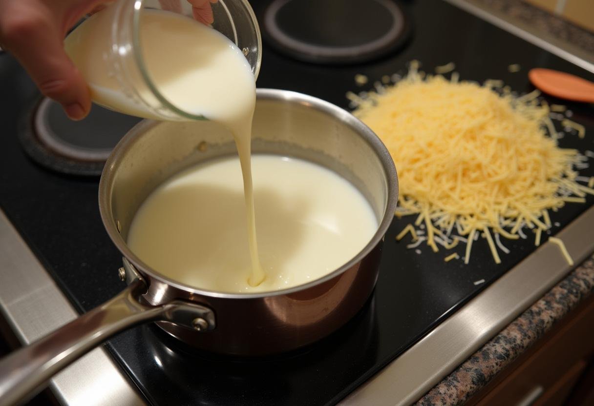 Cream and grated cheese being combined in a saucepan for Sauce Crémeuse au Fromage.