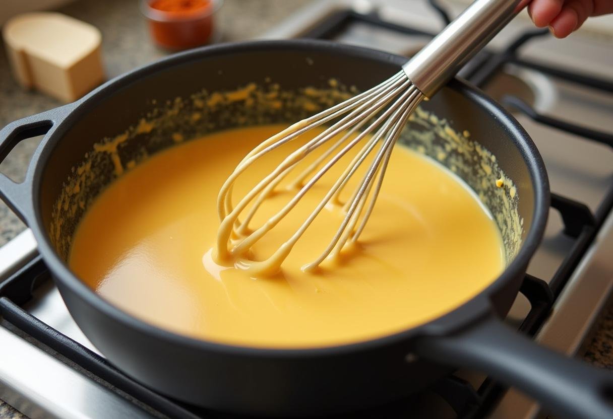 Whisking the cheese sauce for Frites with a blend of spices for Sauce Crémeuse au Fromage.