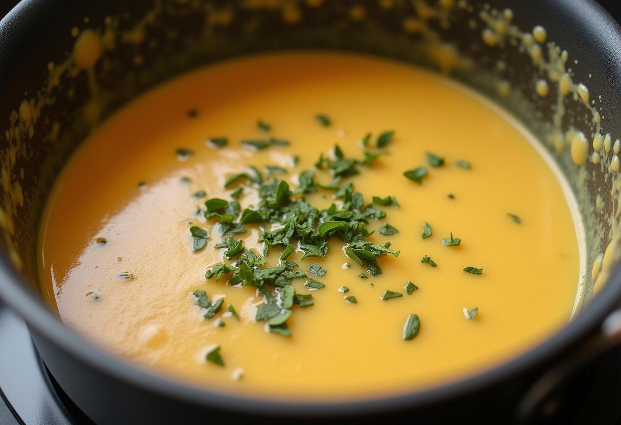 Bubbling creamy cheese sauce ready to be served with Frites, showcasing freshness with herbs.