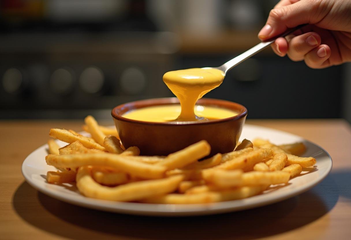 Filling a bowl with creamy cheese sauce for serving with crispy Frites.