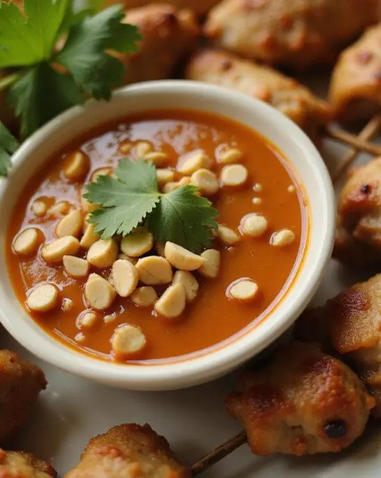 Finished homemade satay sauce served with grilled chicken skewers and garnished with peanuts and cilantro.