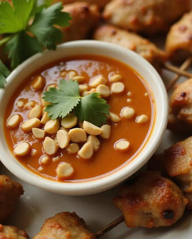 Finished homemade satay sauce served with grilled chicken skewers and garnished with peanuts and cilantro.