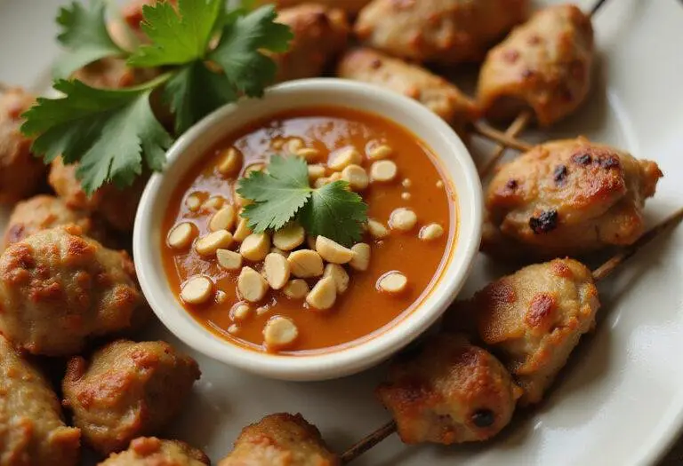 Finished homemade satay sauce served with grilled chicken skewers and garnished with peanuts and cilantro.