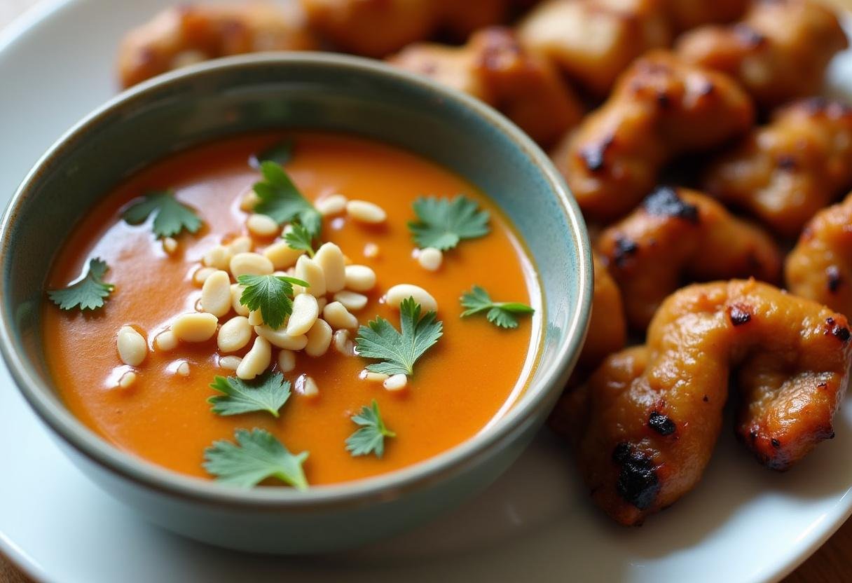 Finished homemade satay sauce served with grilled chicken skewers and garnished with peanuts and cilantro.