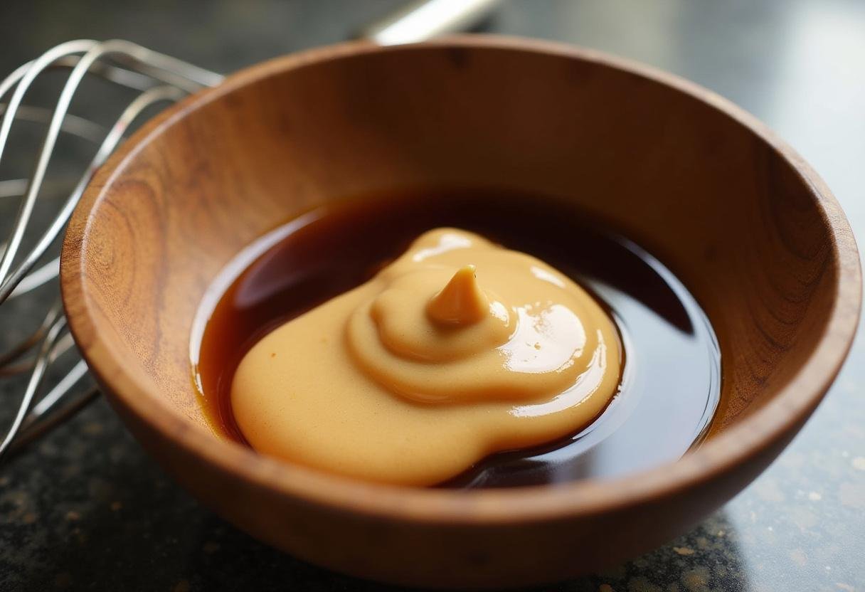 Bowl of ingredients for homemade peanut sauce including peanut butter, soy sauce, and lime juice.