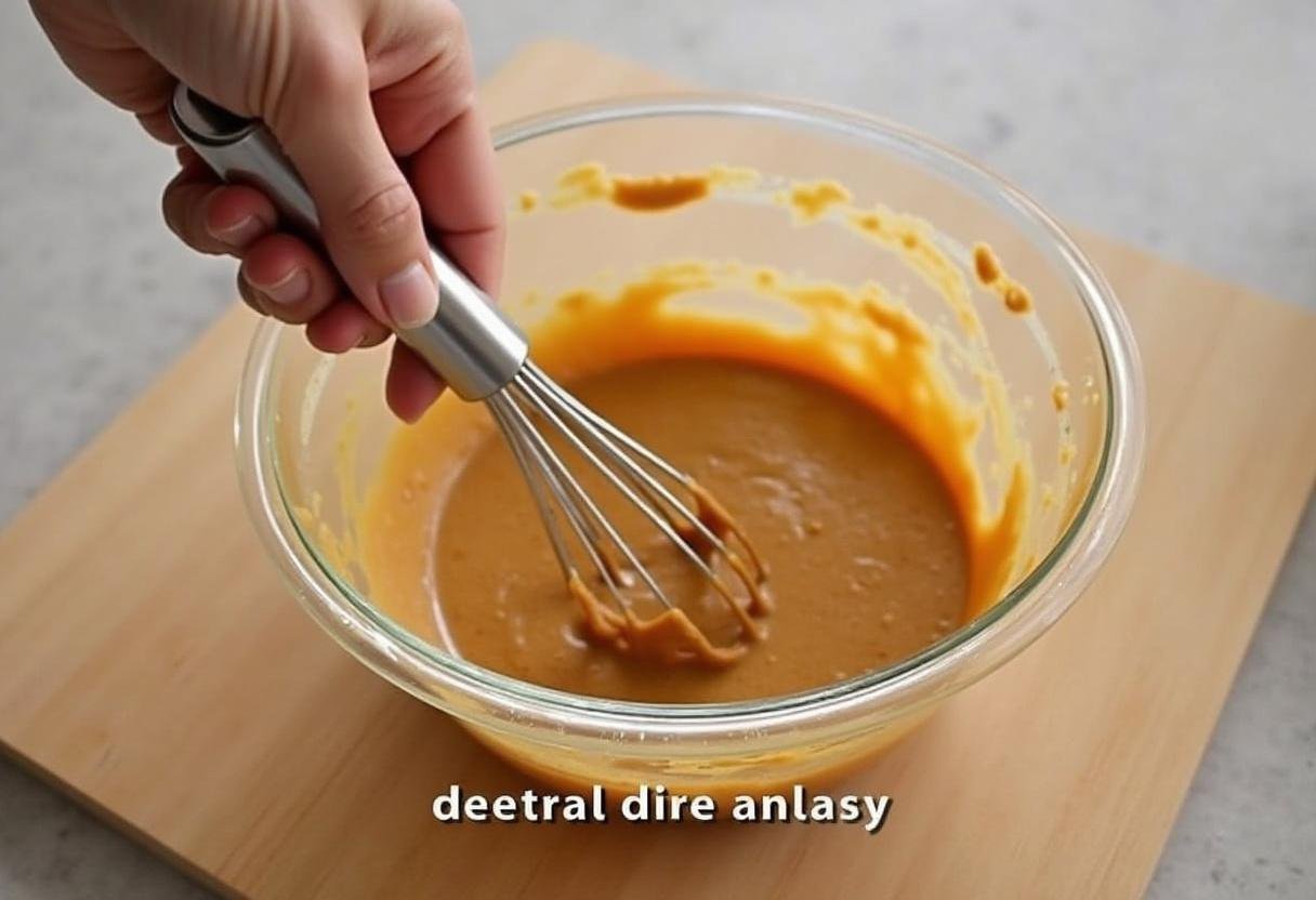 Stirring peanut butter mixture for Satay sauce preparation in a kitchen setting.