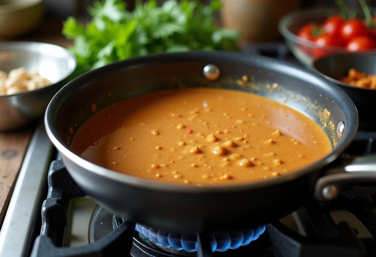 Peanut sauce simmering in a saucepan, showcasing the final cooking step for homemade Satay sauce.