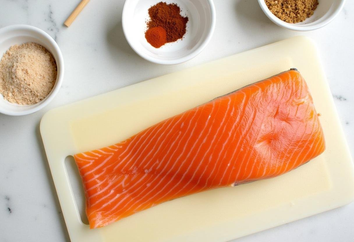 Fresh salmon fillet prepared for making quality smoked salmon with salt and spices.