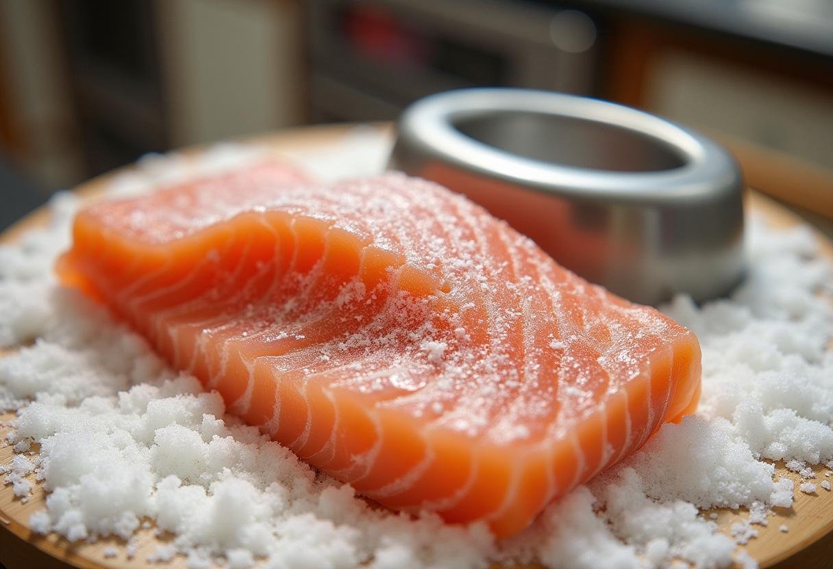 Salmon fillet curing with salt and sugar mixture for quality smoked salmon.