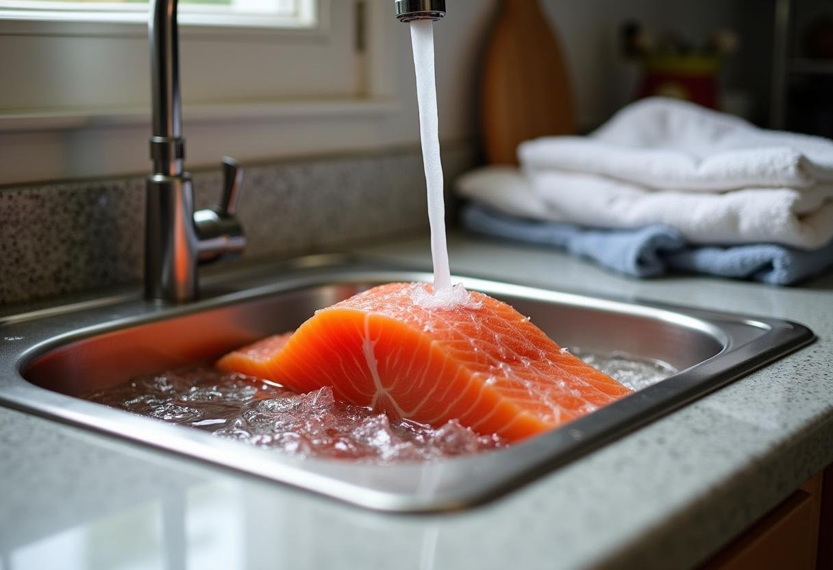 Cured salmon being rinsed for quality smoked salmon preparation.