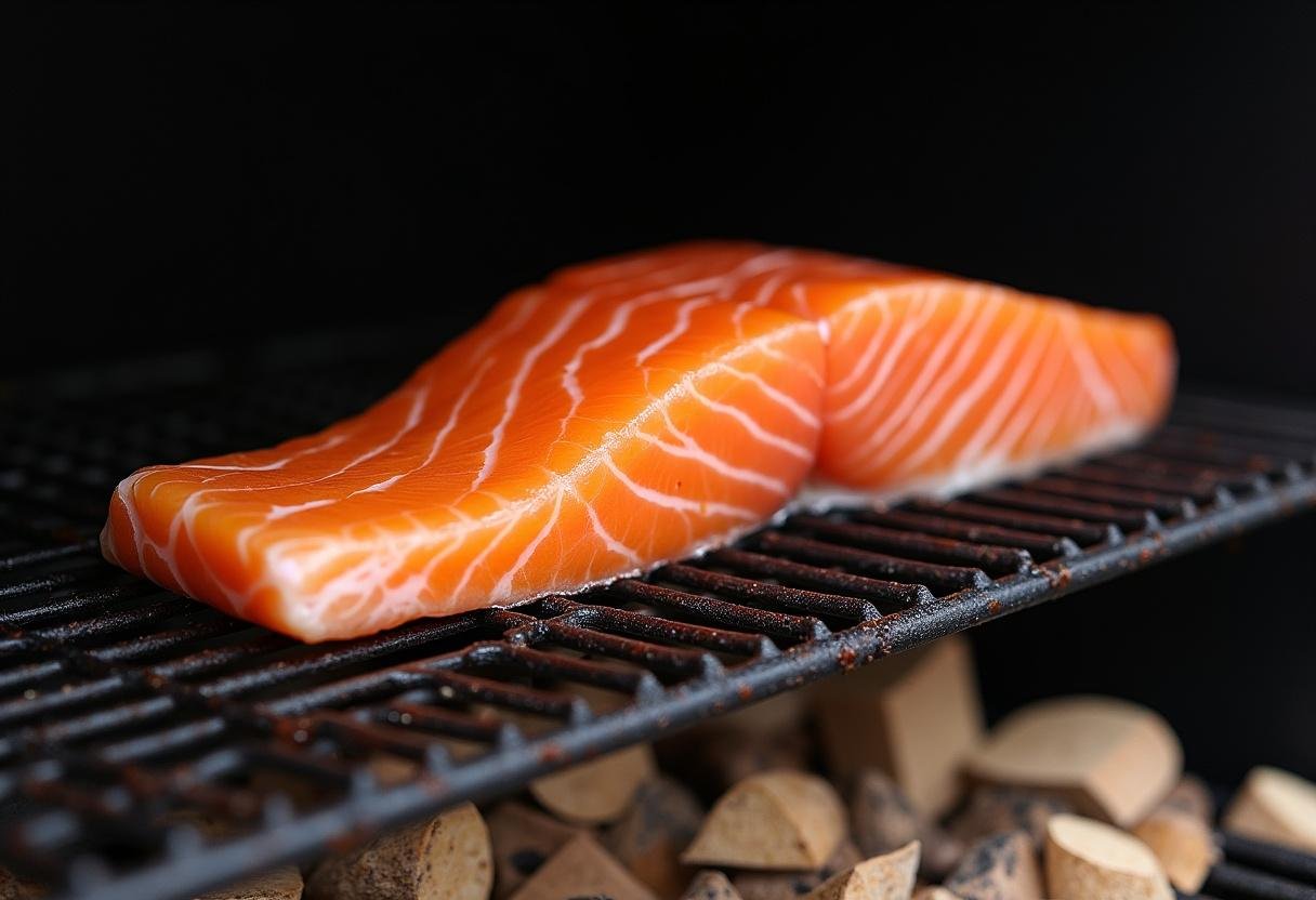 Salmon fillet on a rack in a smoker, preparing to become quality smoked salmon.