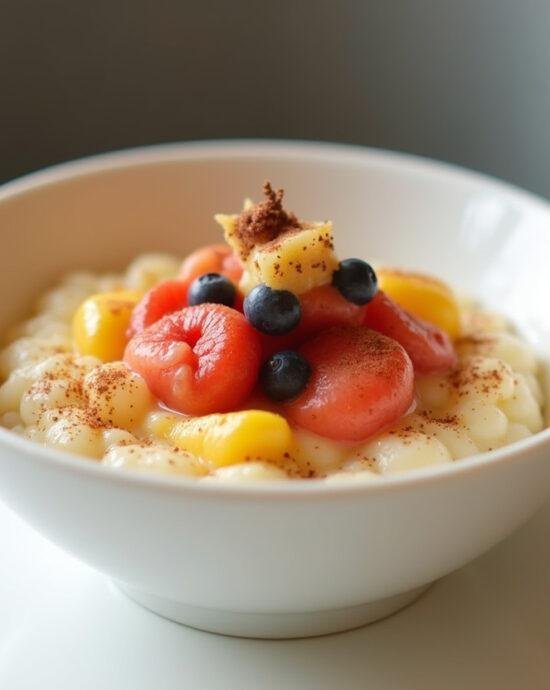 Dessert de semoule de riz fini pour bébés, orné de purée de fruits et de cannelle.