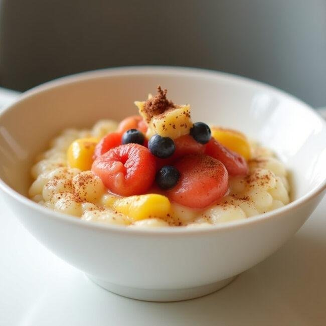 Dessert de semoule de riz fini pour bébés, orné de purée de fruits et de cannelle.