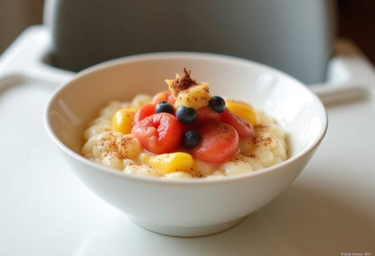 Dessert de semoule de riz fini pour bébés, orné de purée de fruits et de cannelle.