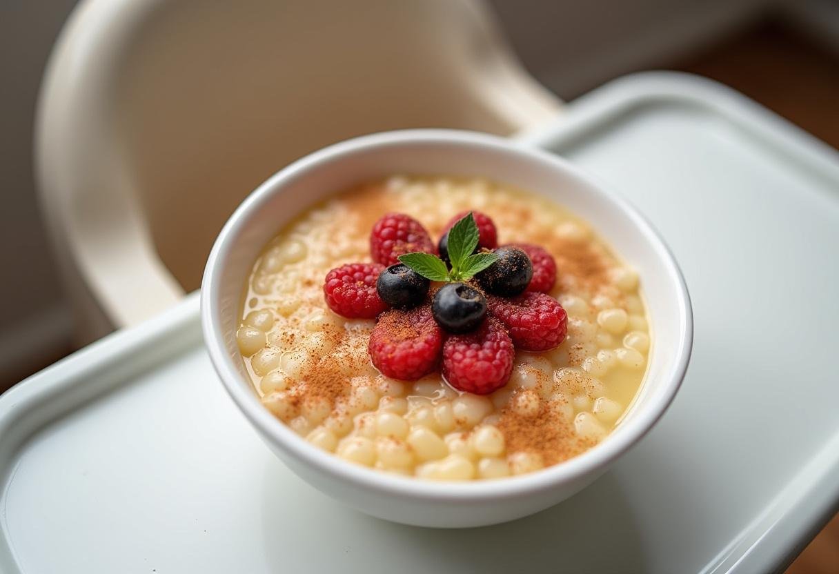 Dessert de semoule de riz fini pour bébés, orné de purée de fruits et de cannelle.