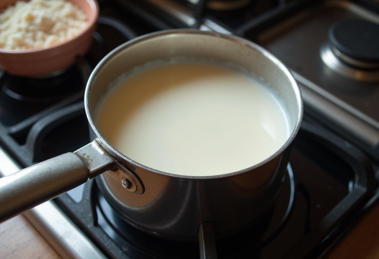 Chauffage du lait dans une casserole pour préparer la semoule de riz pour bébé et desserts.