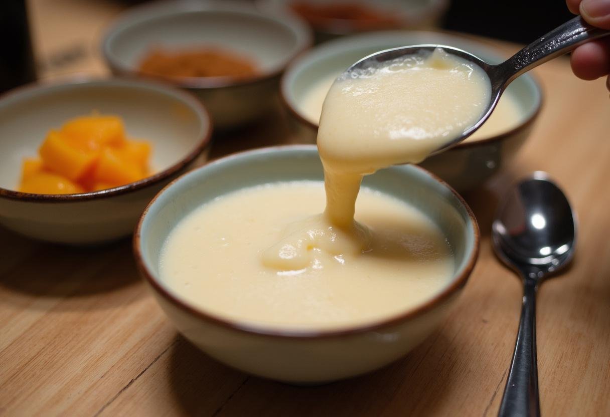 Service de la semoule de riz dans des bols, prête à être garnie pour bébés et desserts.