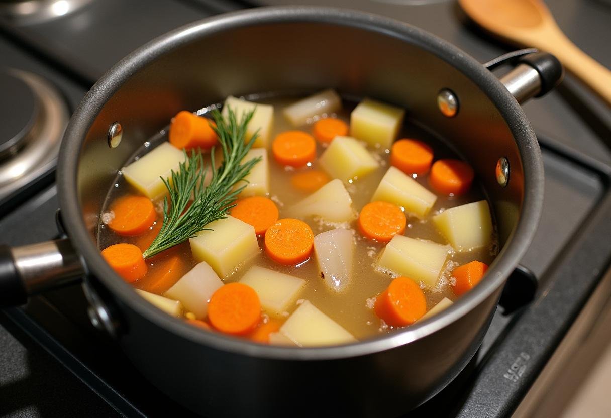 Ingredients for Soupe Polonaise à l'Aneth simmering in a pot on the stove.