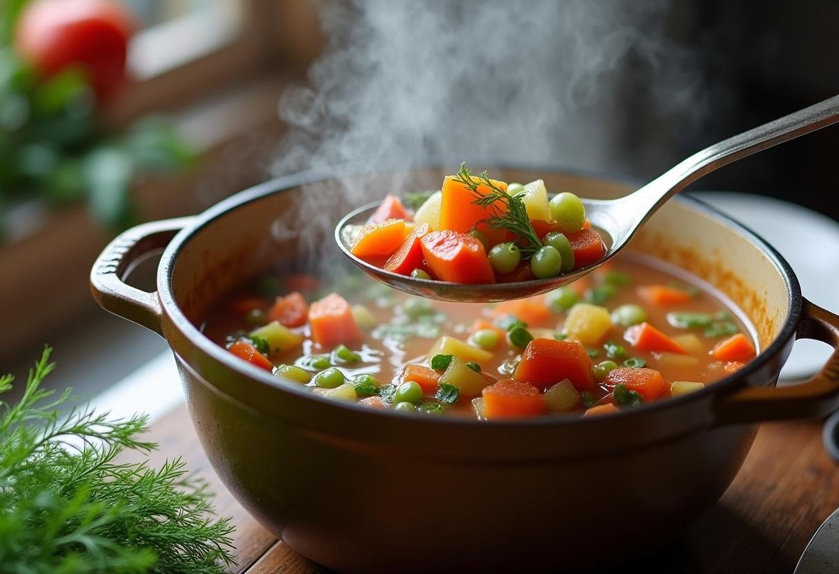 Stirring the soup to blend the ingredients for Soupe Polonaise à l'Aneth.