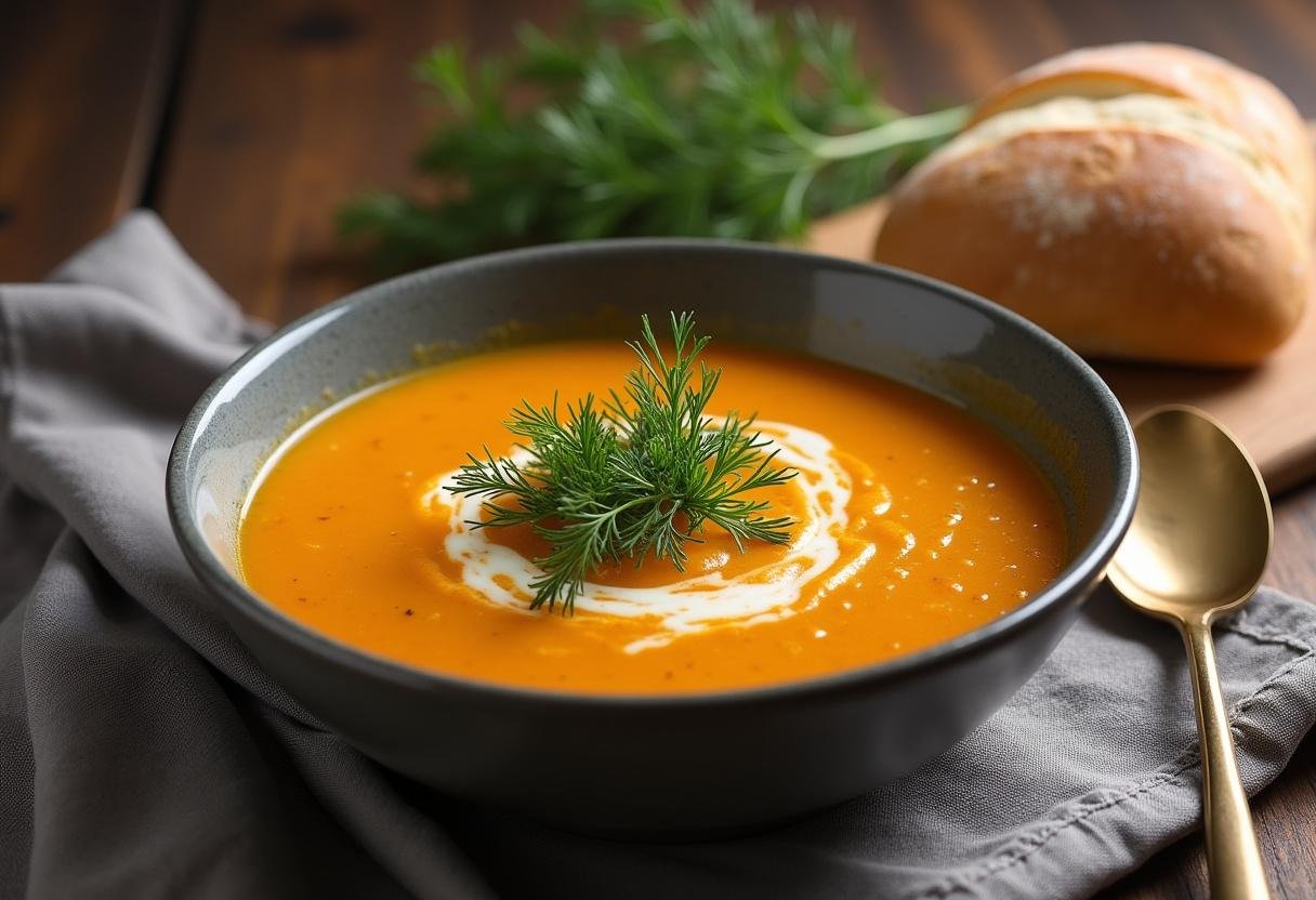 Garnishing Soupe Polonaise à l'Aneth with fresh dill before serving.